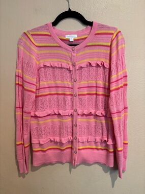 Springtime Pink Cardigan with Yellow Stripes and Ruffled Texture, Charter Club M